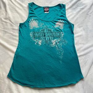 vintage y2k Harley Davidson turquoise tank top metallic logo wings graphic large